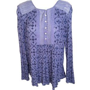 Lucky Brand Blue Floral Pleated Henley Top Women’s Size Medium